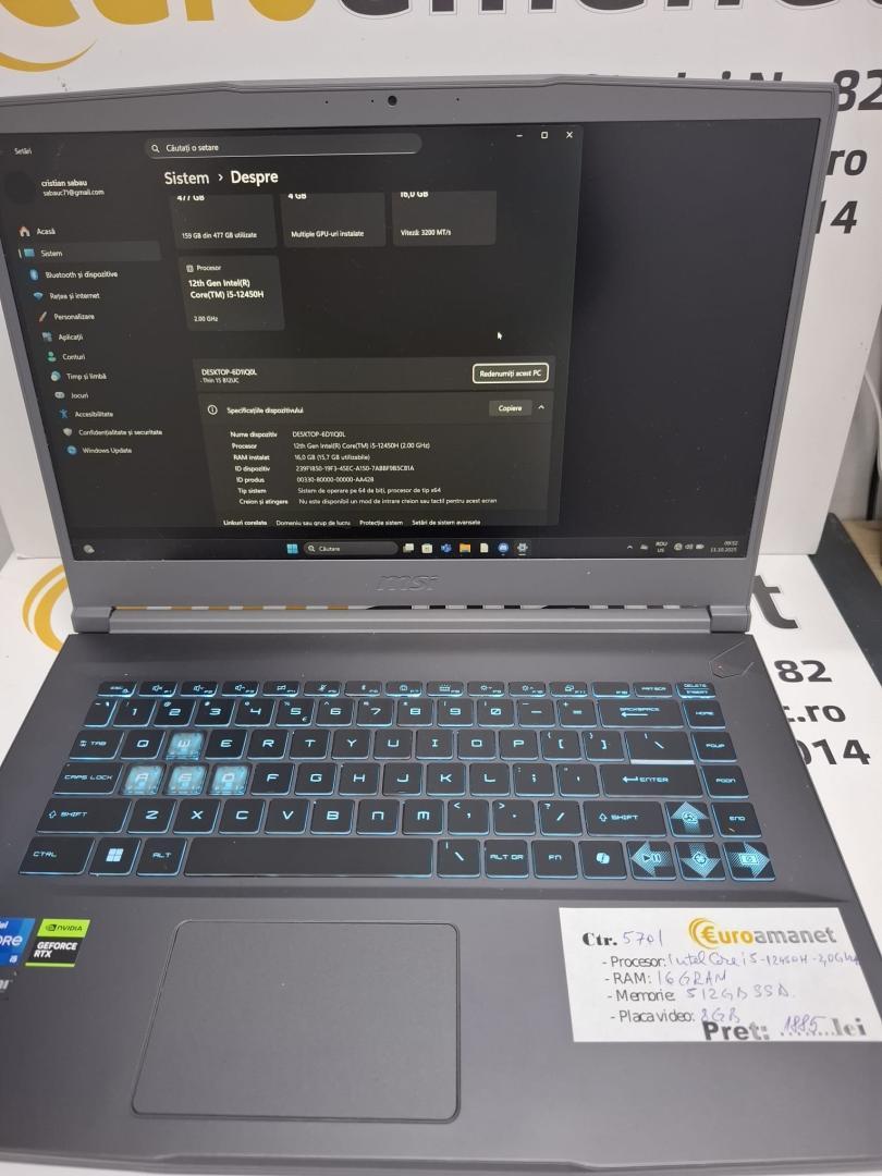 Laptop Gaming MSI Thin 15 B12UC-2036XRO image 3