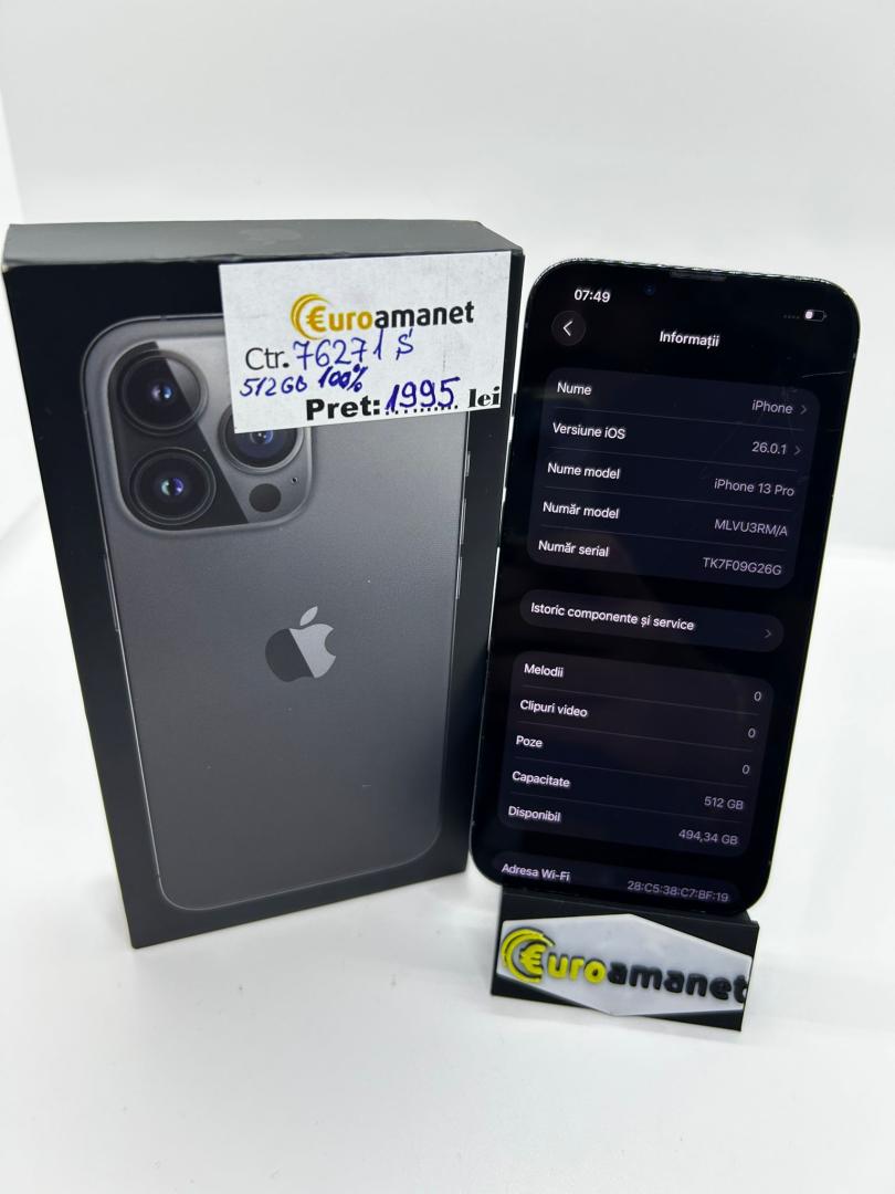 Telefon mobil Apple iPhone 13 Pro, 512GB, 5G, Graphite, 100% baterie