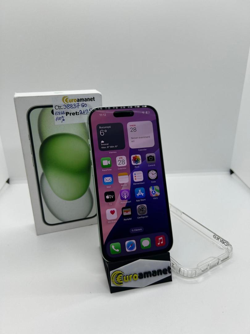 Telefon Apple iPhone 15, 128GB, 5G, Green B.100%