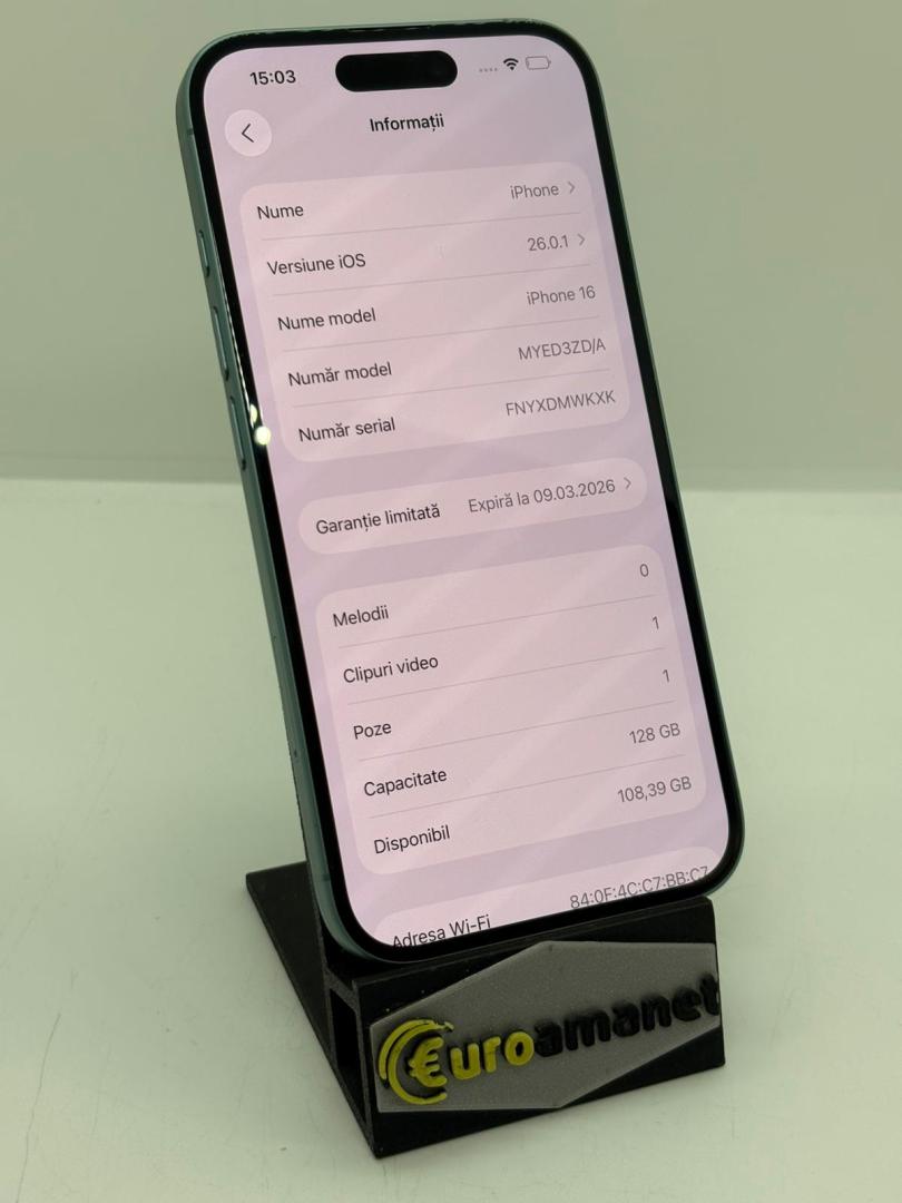 Telefon mobil Apple iPhone 16, 128GB, 5G, Teal image 3