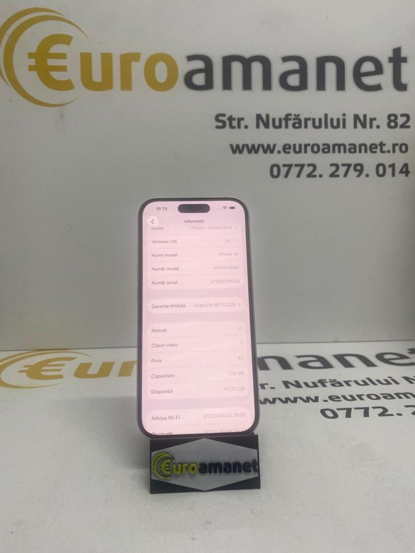 Telefon mobil Apple iPhone 16, 128GB, 5G, White, baterie 100% image 2