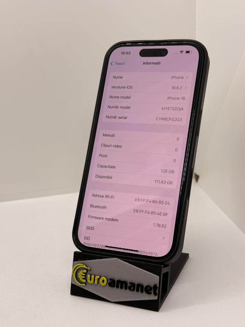 Telefon mobil Apple iPhone 16, 128GB, 5G, Black, 100% Baterie image 4