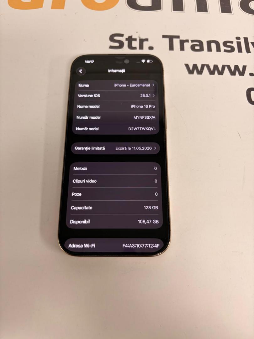 Telefon iPhone 16 Pro, 128GB, 5G, Desert Titanium, Bat.94% image 2