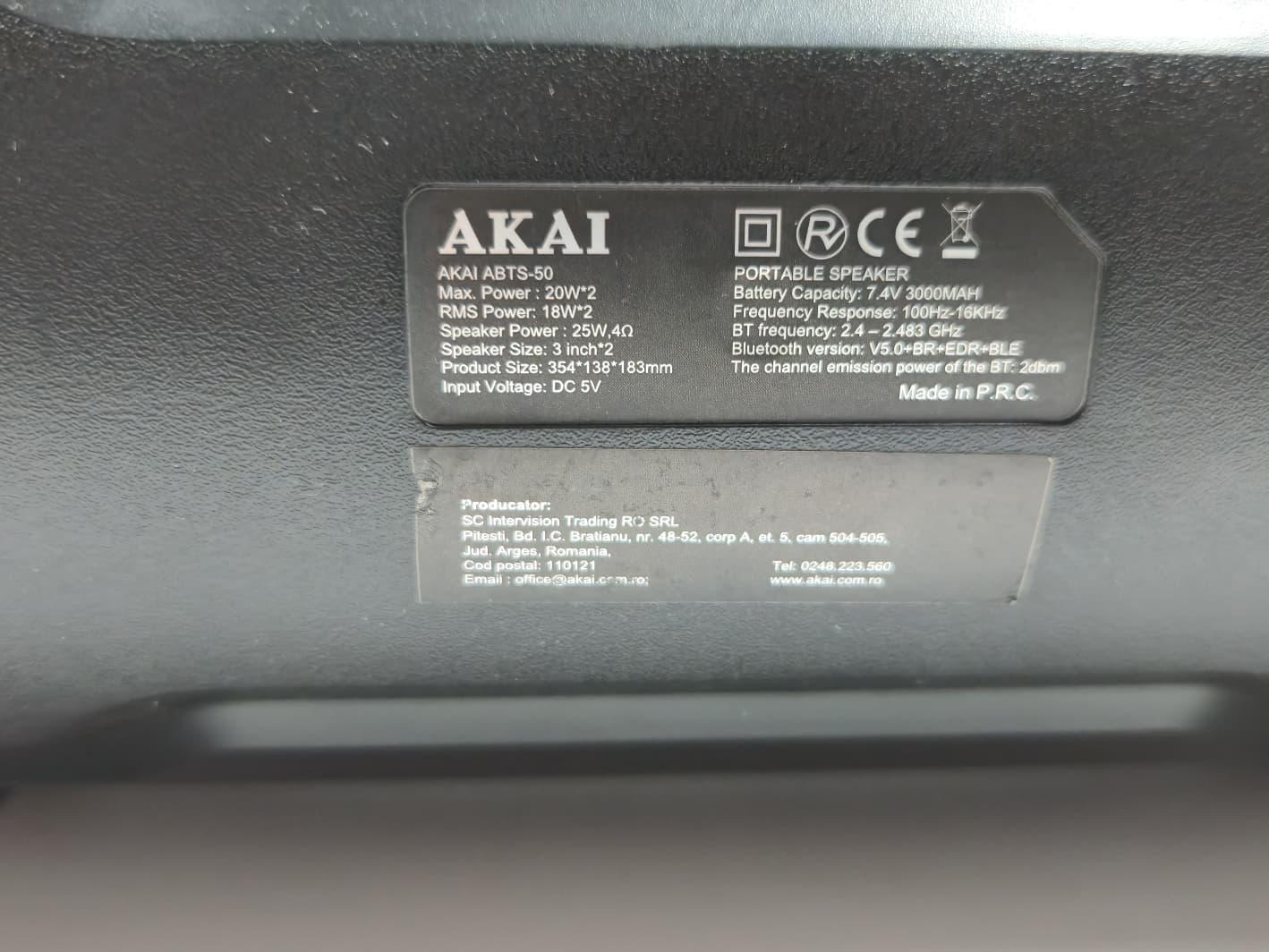 Boxa Portabila, Bluetooth, rezistenta la apa AKAI ABTS-50 , Radio FM , USB ,SD card image 2
