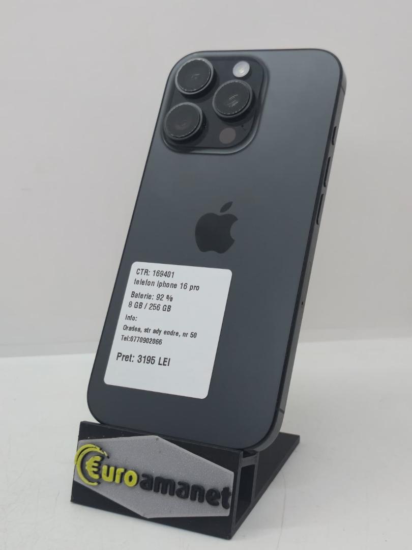 Telefon mobil Apple iPhone 16 Pro, 256GB, 5G, Black Titanium, 92% Baterie