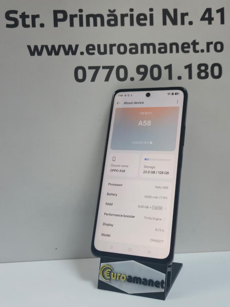 Telefon mobil OPPO A58, Dual SIM, 128GB, 6GB RAM, 4G, Glowing Black