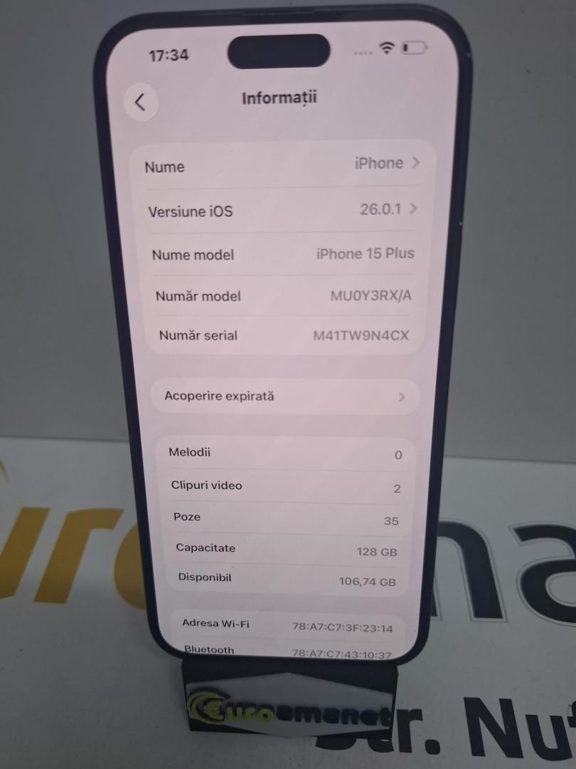 Telefon mobil Apple iPhone 15 Plus, 128GB