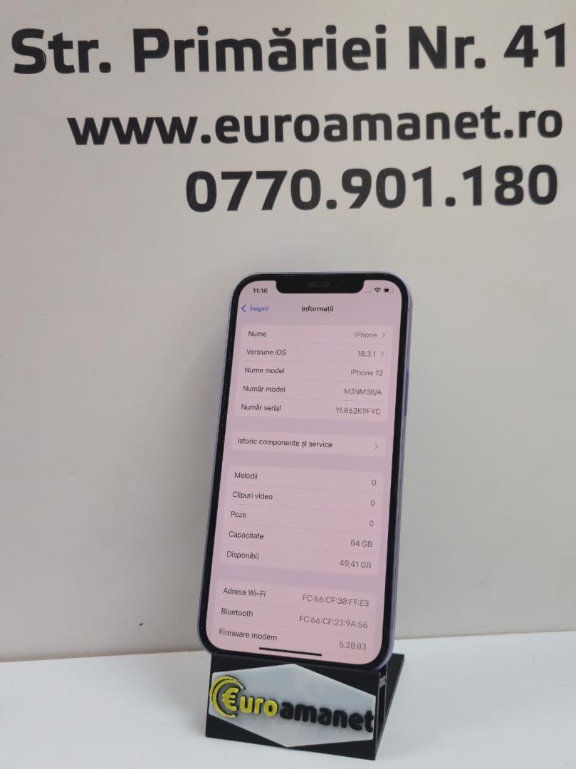 Telefon mobil Apple iPhone 12, 64GB, 5G, Purple, 79% Baterie image 2