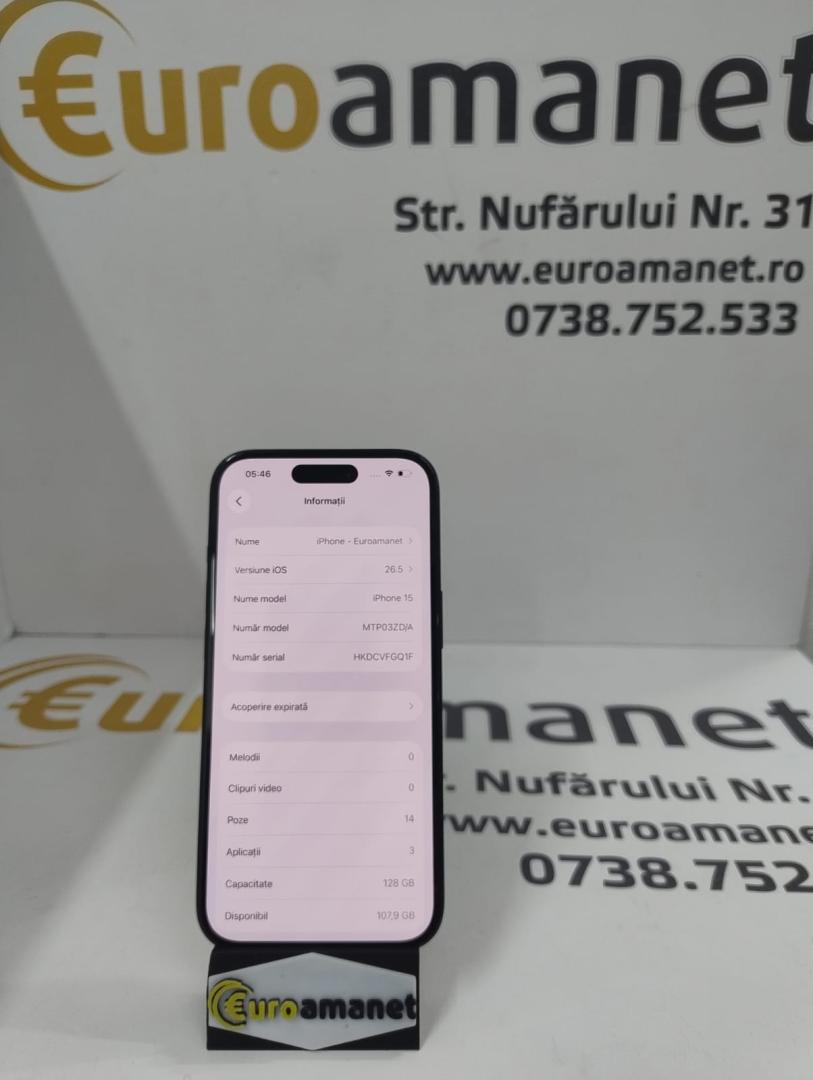 Telefon mobil Apple iPhone 15, 128GB, 5G, Black