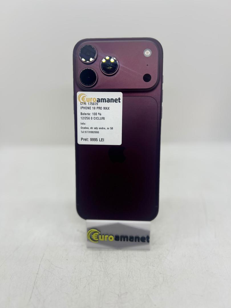 Telefon mobil Apple iPhone 18 Pro Max, 256GB, 5G, Burgundy, Bat 100%, 0 cicluri incarcare