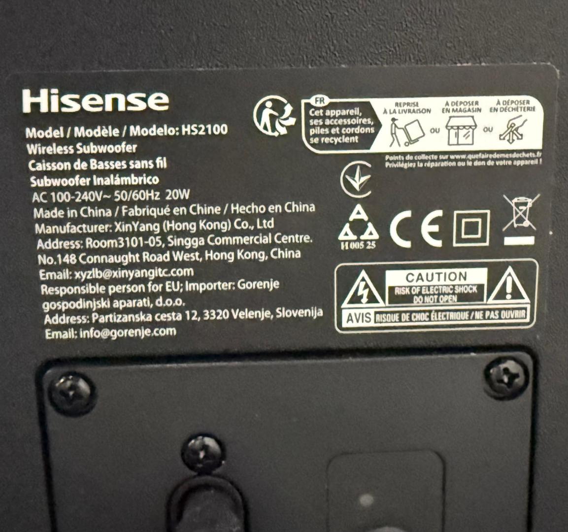 Soundbar Hisense Hs2100, 2.1 Canale, Subwoofer Wireless, 240W, Dolby Audio image 1