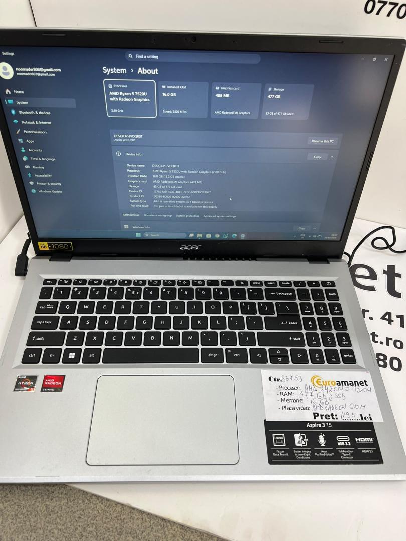 Laptop ACER Aspire 3, 15.6", AMD Ryzen 5 7520U image 5