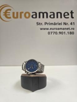 Emporio Armani, Ceas cronograf cu bratara din otel inoxidabil, Argintiu/Albastru inchis