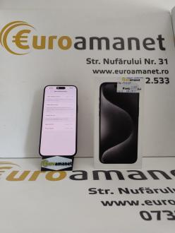 Telefon mobil Apple iPhone 15 Pro Max, 256 GB, 5G, Black Titanium,baterie 83%,582 cicluri de incarcare.